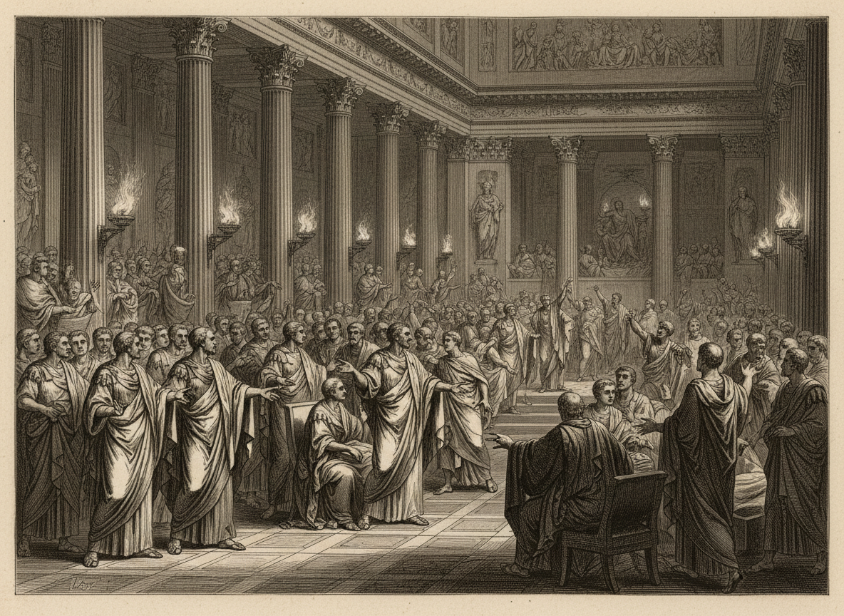 A dramatic ancient Roman senate chamber, senators in togas arguing across a grand marble hall, torchlight, classical columns, dark moody atmosphere, painted in the style of a 19th century historical engraving