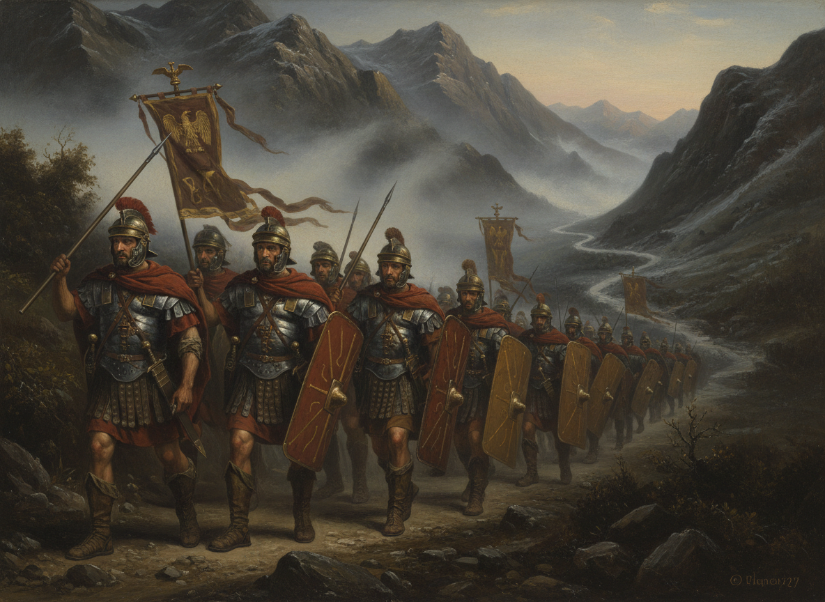 Roman legionaries marching through mountain passes, returning from a campaign, weary soldiers with banners and standards, dramatic misty mountain landscape, dark classical oil painting style